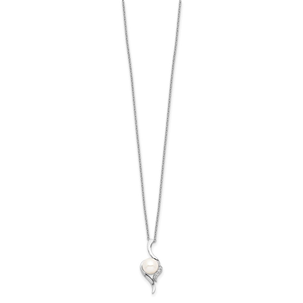 Sterling Silver Rhodium-plated 6-7mm White Semi-Round Freshwater Cultured Pearl and CZ 17 inch Necklace