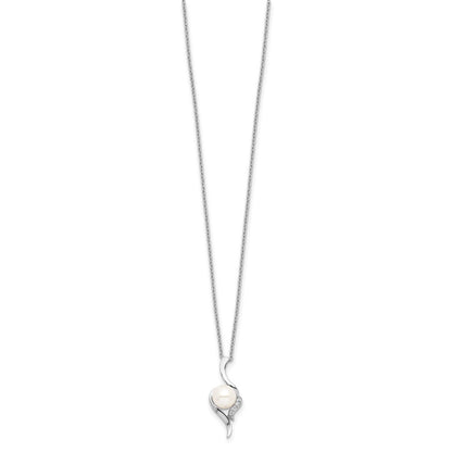 Sterling Silver Rhodium-plated 6-7mm White Semi-Round Freshwater Cultured Pearl and CZ 17 inch Necklace