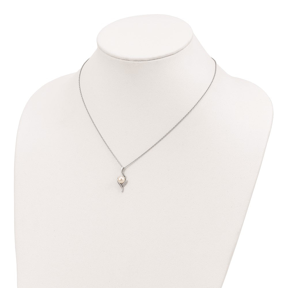 Sterling Silver Rhodium-plated 6-7mm White Semi-Round Freshwater Cultured Pearl and CZ 17 inch Necklace