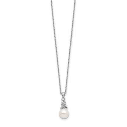Sterling Silver Rhodium-plated 6-7mm White Near-Round Freshwater Cultured Pearl and CZ 17 inch Necklace