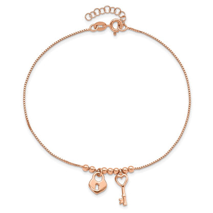 Sterling Silver Rose-tone Heart Lock and Key 9 inch Plus 1 inch Extender - Total 10 inch Anklet