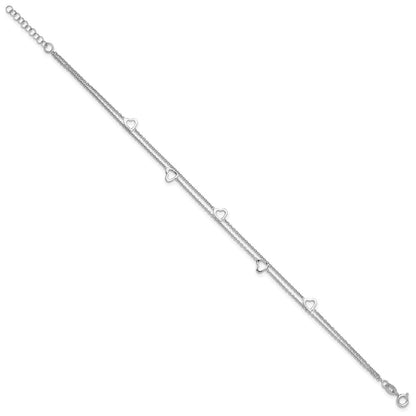 Sterling Silver Rhodium-plated Heart 2-Strand 9 inch Plus 1 inch Extender - Total 10 inch Anklet