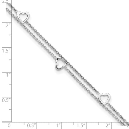 Sterling Silver Rhodium-plated Heart 2-Strand 9 inch Plus 1 inch Extender - Total 10 inch Anklet