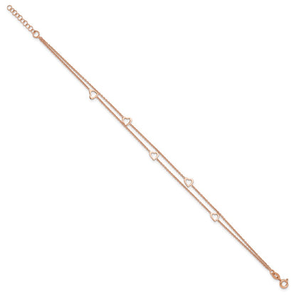Sterling Silver Rose-tone Heart 2-Strand 9 inch Plus 1 inch Extender - Total 10 inch Anklet