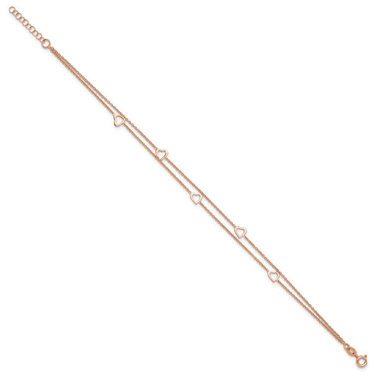 Sterling Silver Rose-tone Heart 2-Strand 9 inch Plus 1 inch Extender - Total 10 inch Anklet
