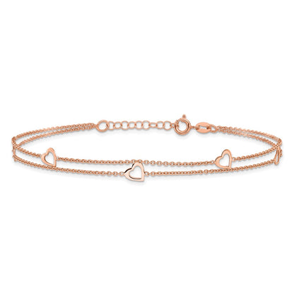 Sterling Silver Rose-tone Heart 2-Strand 9 inch Plus 1 inch Extender - Total 10 inch Anklet