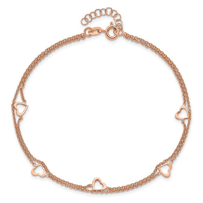 Sterling Silver Rose-tone Heart 2-Strand 10 inch Plus 1 inch Extender - Total 11 inch Anklet
