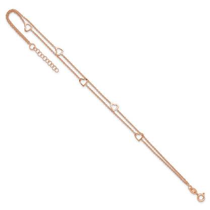 Sterling Silver Rose-tone Heart 2-Strand 9 inch Plus 1 inch Extender - Total 10 inch Anklet