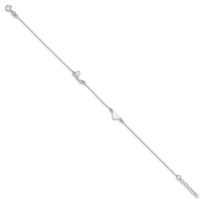 Sterling Silver Rhodium-plated Heart/LOVE Script 9 inch Plus 1 inch Extender - Total 10 inch Anklet