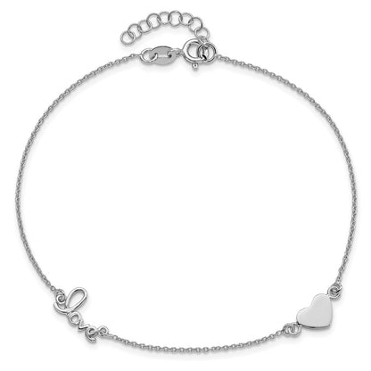 Sterling Silver Rhodium-plated Heart/LOVE Script 9 inch Plus 1 inch Extender - Total 10 inch Anklet