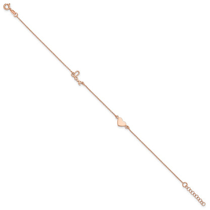 Sterling Silver Rose-tone Heart/LOVE Script 9 inch Plus 1 inch Extender - Total 10 inch Anklet