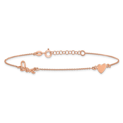 Sterling Silver Rose-tone Heart/LOVE Script 9 inch Plus 1 inch Extender - Total 10 inch Anklet