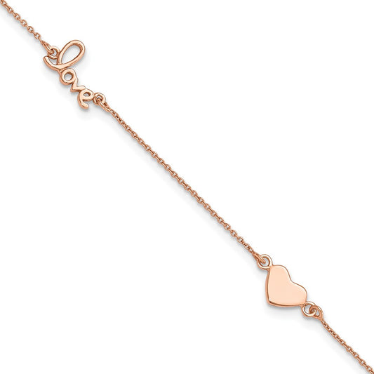 Sterling Silver Rose-tone Heart/LOVE Script 9 inch Plus 1 inch Extender - Total 10 inch Anklet
