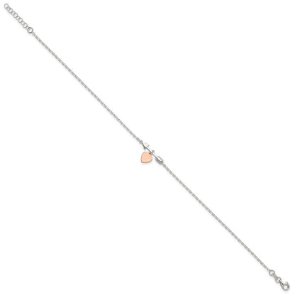 Sterling Silver Arrow with Rose-tone Heart 10 inch Plus 1 inch Extender - Total 11 inch Anklet