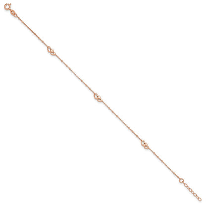 Sterling Silver Rose-tone Interlocked Hearts 9 inch Plus 1 inch Extender - Total 10 inch Anklet
