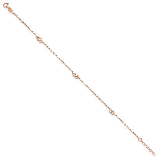 Sterling Silver Rose-tone Interlocked Hearts 9 inch Plus 1 inch Extender - Total 10 inch Anklet