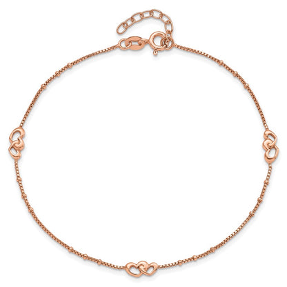 Sterling Silver Rose-tone Interlocked Hearts 9 inch Plus 1 inch Extender - Total 10 inch Anklet