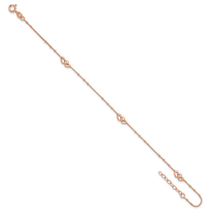 Sterling Silver Rose-tone Interlocked Hearts 9 inch Plus 1 inch Extender - Total 10 inch Anklet