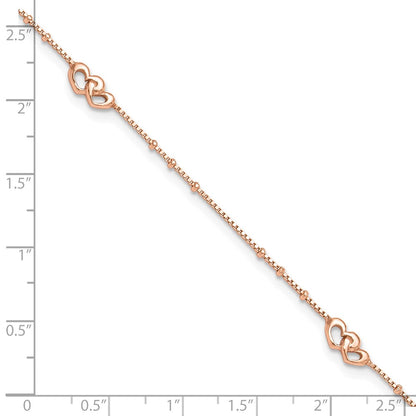 Sterling Silver Rose-tone Interlocked Hearts 9 inch Plus 1 inch Extender - Total 10 inch Anklet