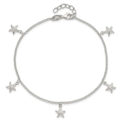 Sterling Silver Starfish Dangles 10 inch Plus 1 inch Extender - Total 11 inch Anklet