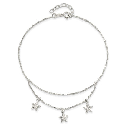 Sterling Silver 2-Strand Starfish 9 inch Plus 1 inch Extender - Total 10 inch Anklet
