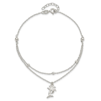 Sterling Silver Palm Tree 2-Strand 9 inch Plus 1 inch Extender - Total 10 inch Anklet