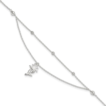 Sterling Silver Palm Tree 2-Strand 9 inch Plus 1 inch Extender - Total 10 inch Anklet