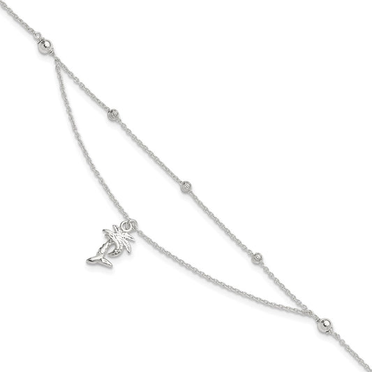 Sterling Silver Palm Tree 2-Strand 9 inch Plus 1 inch Extender - Total 10 inch Anklet