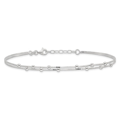 Sterling Silver Beaded 2-strand 10 inch Plus 1 inch Extender - Total 11 inch Anklet