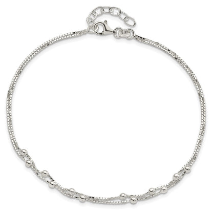Sterling Silver Beaded 2-strand 9 inch Plus 1 inch Extender - Total 10 inch Anklet