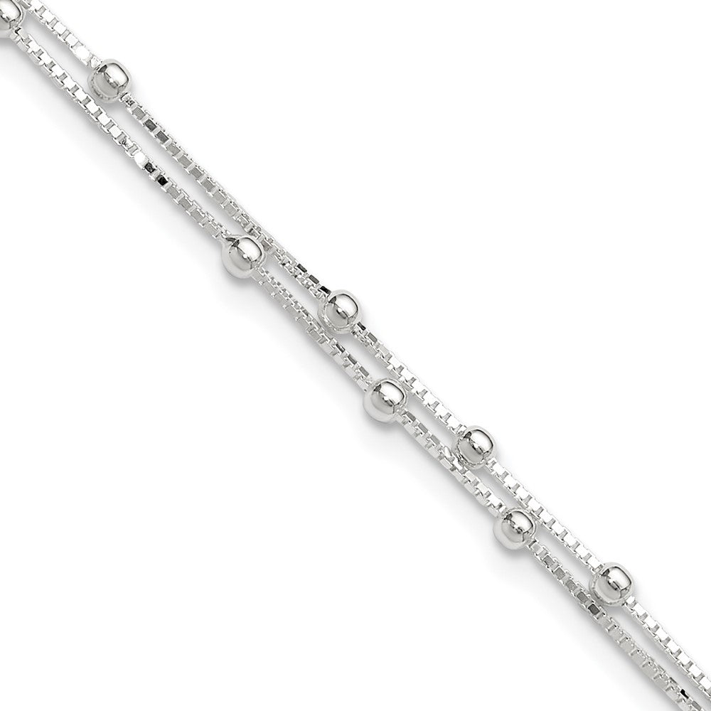 Sterling Silver Beaded 2-strand 10 inch Plus 1 inch Extender - Total 11 inch Anklet