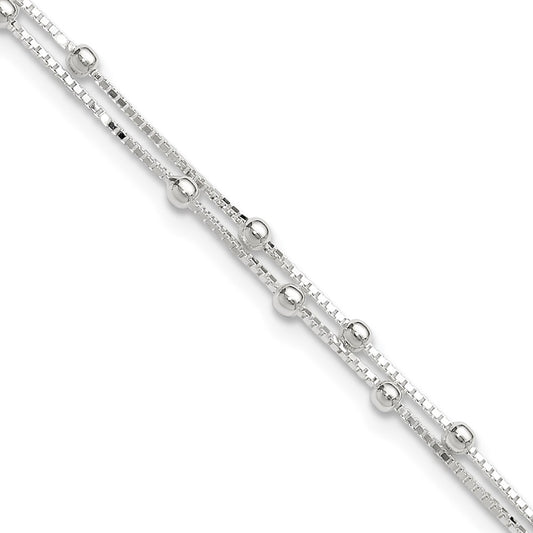 Sterling Silver Beaded 2-strand 10 inch Plus 1 inch Extender - Total 11 inch Anklet