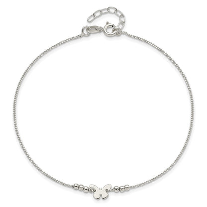 Sterling Silver Butterfly 9 inch Plus 1 inch Extender - Total 10 inch Anklet