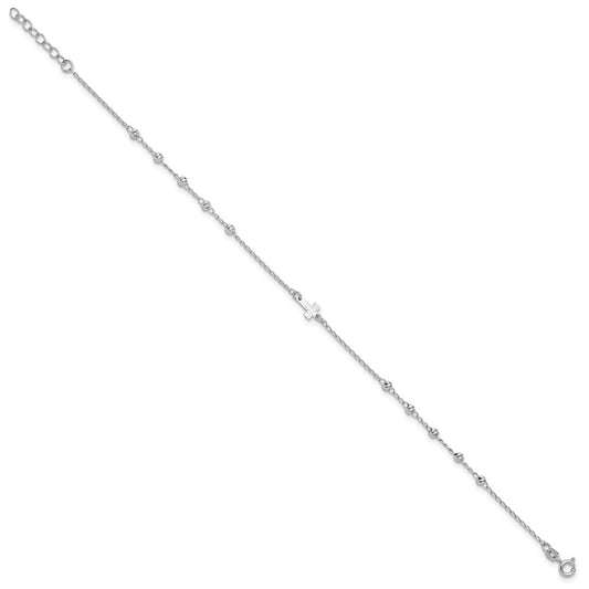 Sterling Silver Rhodium-plated Beads and Cross 9 inch Plus 1 inch Extender - Total 10 inch Anklet