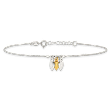 Sterling Silver Gold-tone Feathers 9 inch Plus 1 inch Extender - Total 10 inch Anklet