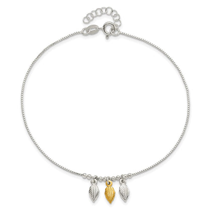 Sterling Silver Gold-tone Feathers 9 inch Plus 1 inch Extender - Total 10 inch Anklet