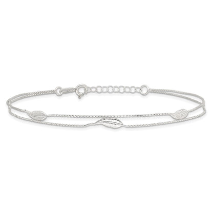 Sterling Silver 2-Strand Feathers 9 inch Plus 1 inch Extender - Total 10 inch Anklet