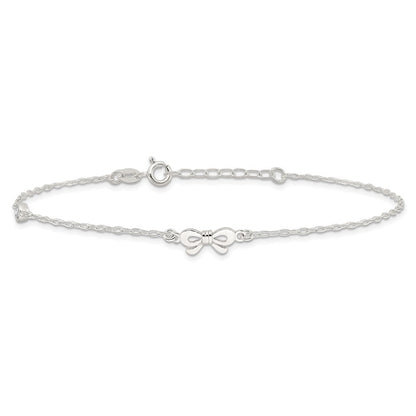 Sterling Silver CZ and Bow 9 inch Plus 1 inch Extender - Total 10 inch Anklet