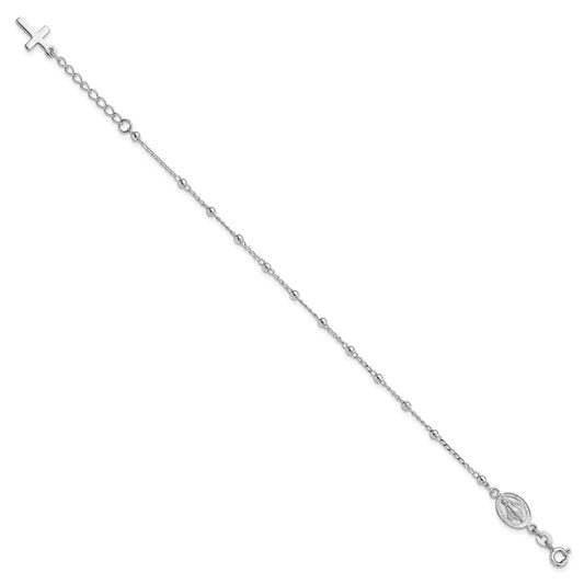 Sterling Silver Rhod-pltd Miraculous Medal/Cross w/1in ext. Bracelet