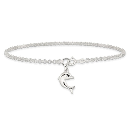 Sterling Silver 10inch Hollow Polished 3-D Dolphin Anklet