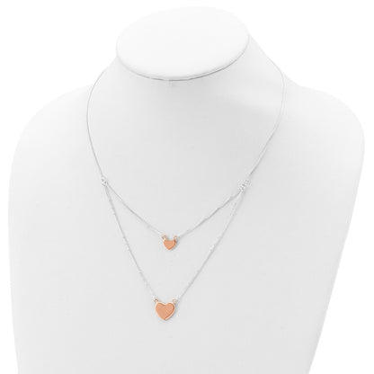 Sterling Silver Rose-tone 2-Strand Heart Dangle Necklace