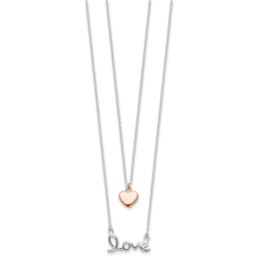 Sterling Silver Rose-tone LOVE and Heart Double Strand 18 inch Necklace