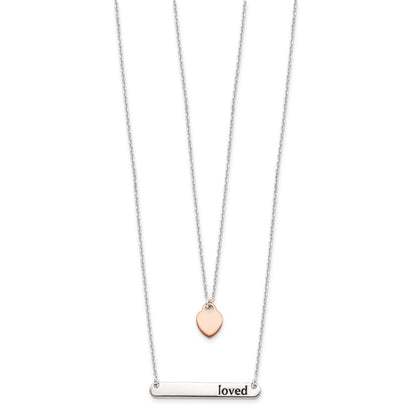 Sterling Silver Rose-tone Heart Enameled LOVED 16in Bar Necklace