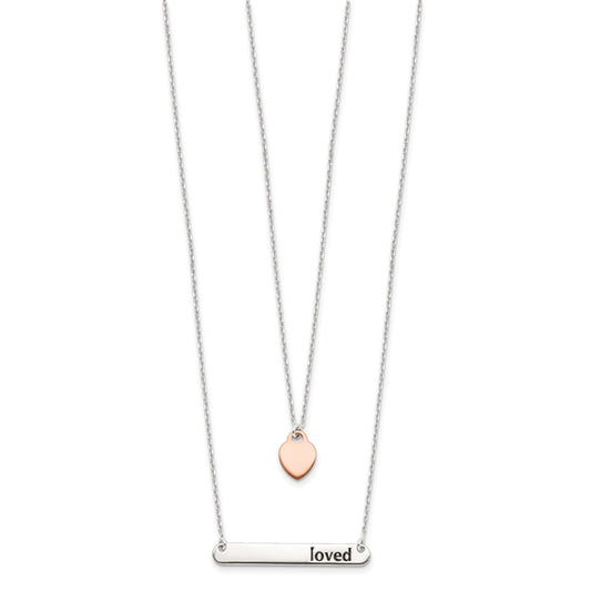Sterling Silver Rose-tone Heart and Enameled LOVED Bar Double Strand 16 inch Necklace