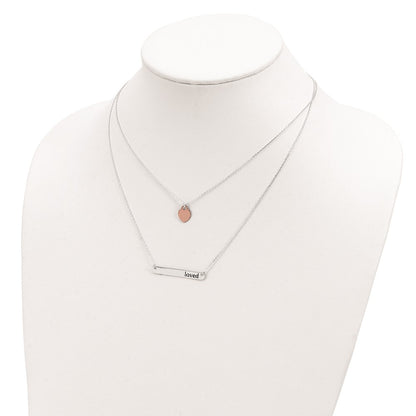 Sterling Silver Rose-tone Heart Enameled LOVED 16in Bar Necklace