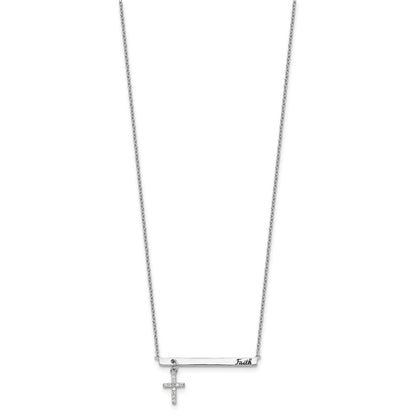 Sterling Silver RH-plated CZ Cross Black Enamel FAITH 16in w/2in ext. Bar Necklace