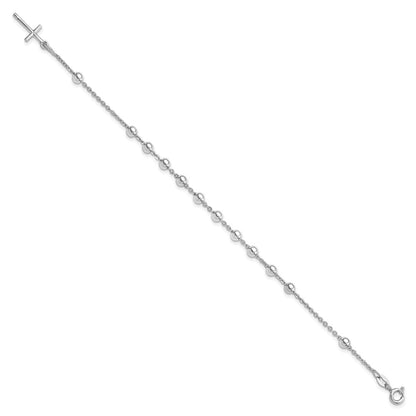 Sterling Silver Rhodium Plated Polished Beaded Cross Bracelet
