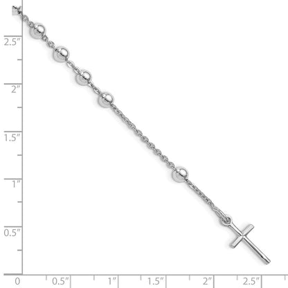 Sterling Silver Rhodium Plated Polished Beaded Cross Bracelet