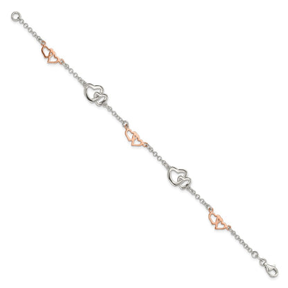 Sterling Silver Rose Gold-plated Polished Heart Bracelet