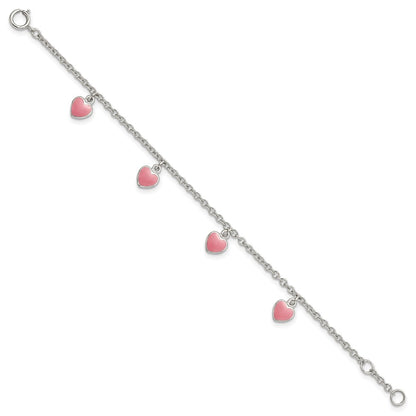 Sterling Silver Rhod-pltd Childs Enamel Hearts 5.5in w/.5in ext Bracelet